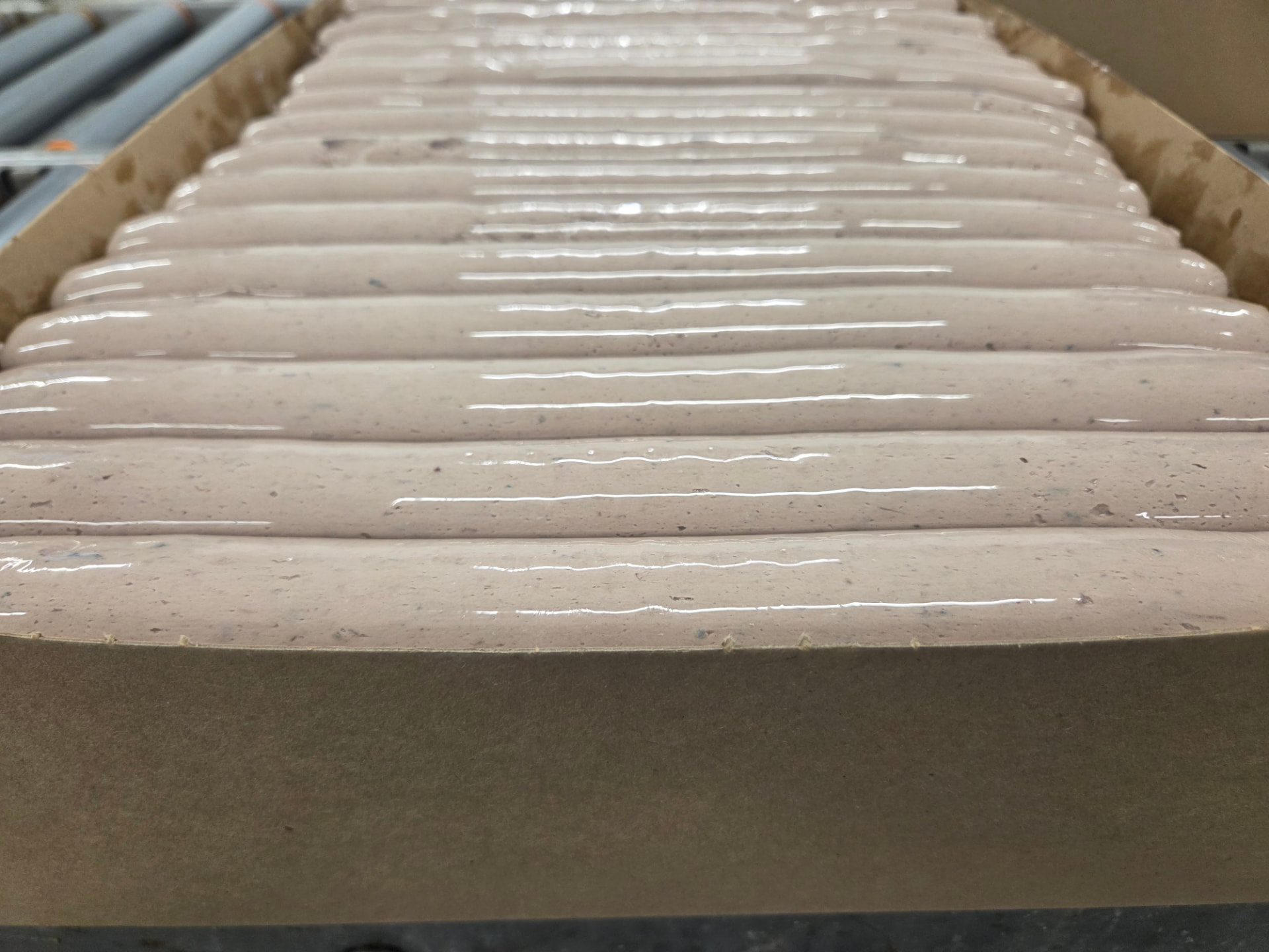 Close-up of packed Norbait bait sausages in a tray
